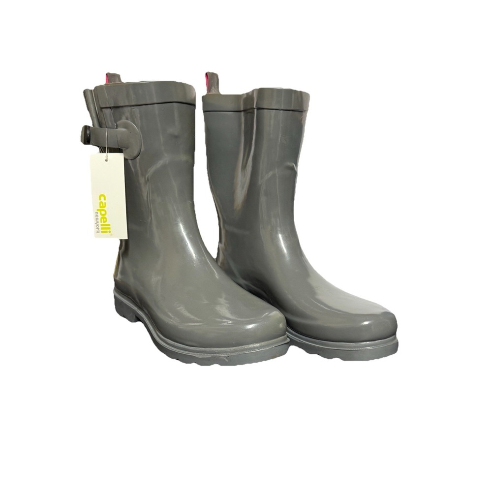 Capelli New York Women's Gray Rain Boots Size 9 Buckle Pink Lined NWT